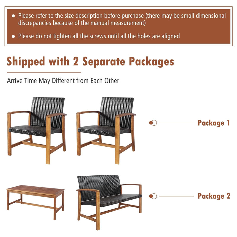 4 Pieces PE Rattan Patio Furniture Set with Acacia Wood