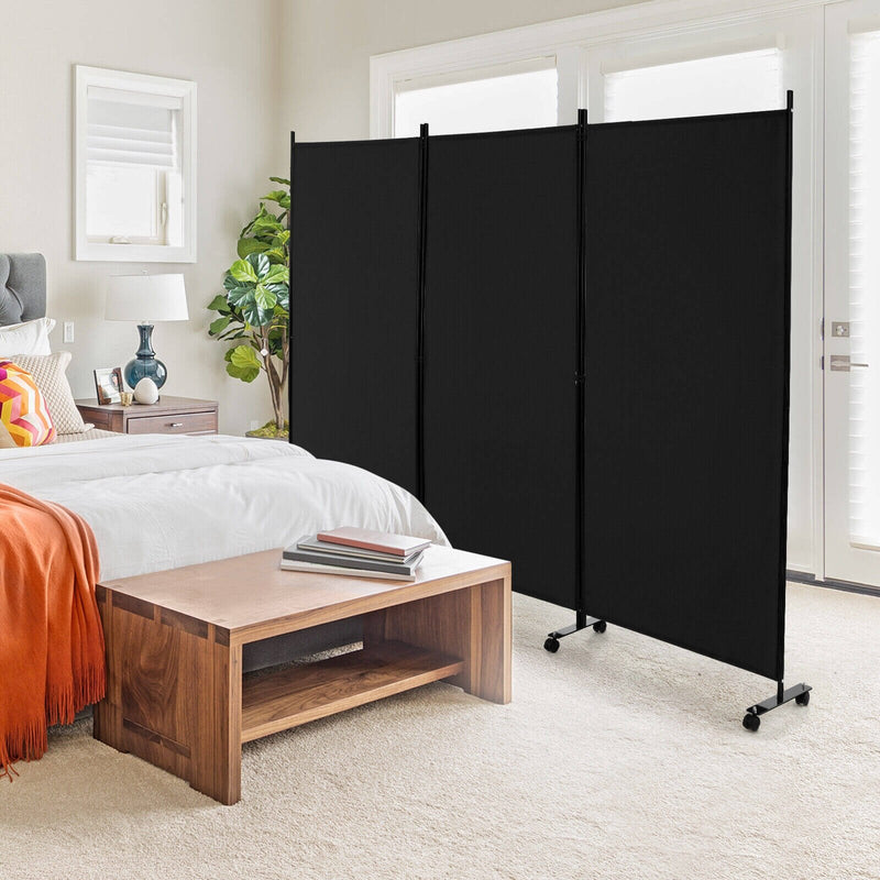 3 Panel Folding Room Divider with Lockable Wheels - Black