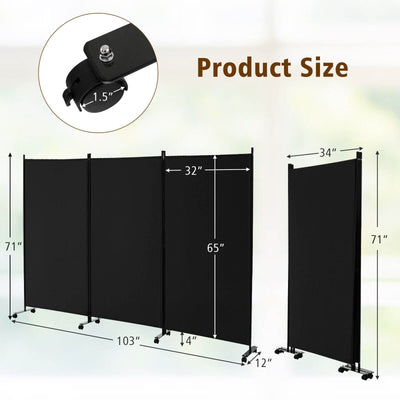 3 Panel Folding Room Divider with Lockable Wheels - Black