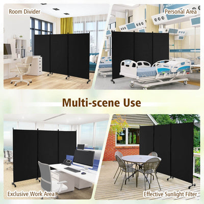 3 Panel Folding Room Divider with Lockable Wheels - Black