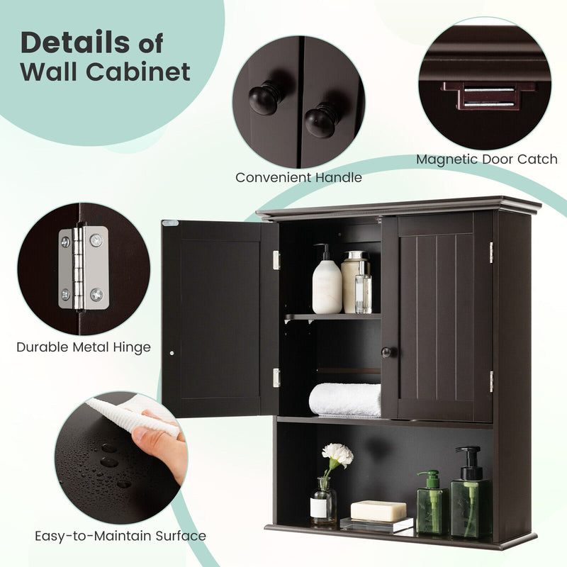 2-Door Wall Mount Bathroom Storage Cabinet with Open Shelf-Espresso