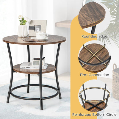 2-Tier Round End Table with Open Storage Shelf and Sturdy Metal Frame-Brown
