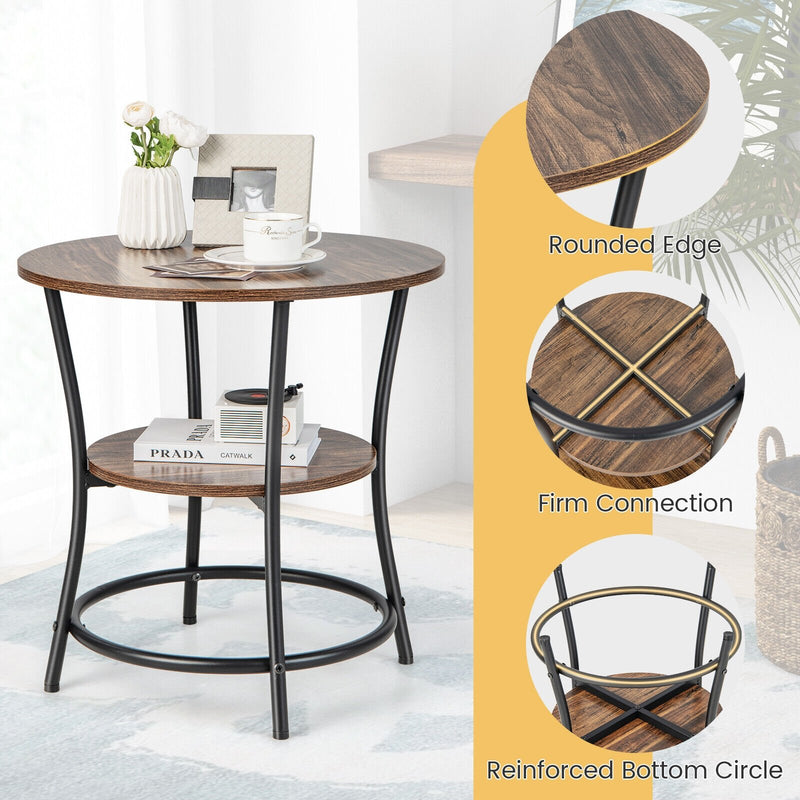2-Tier Round End Table with Open Storage Shelf and Sturdy Metal Frame-Brown