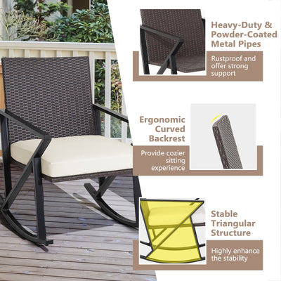 3 Piece Patio Wicker Rocking Chairs Set with Heavy-Duty Metal Frame
