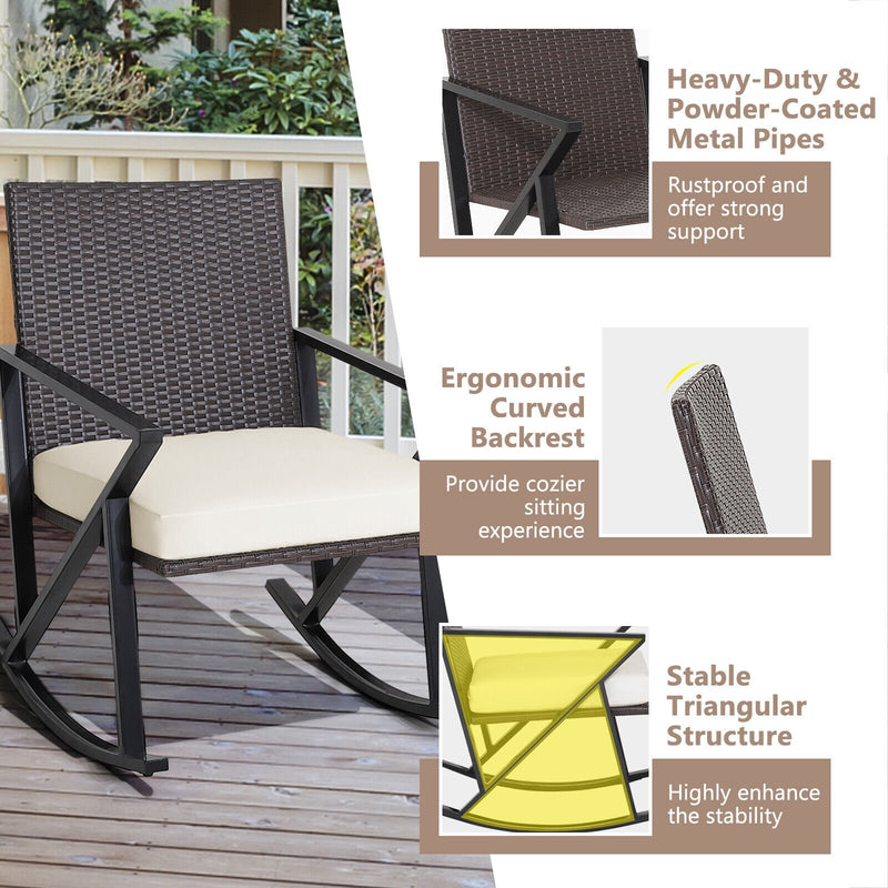 3 Piece Patio Wicker Rocking Chairs Set with Heavy-Duty Metal Frame