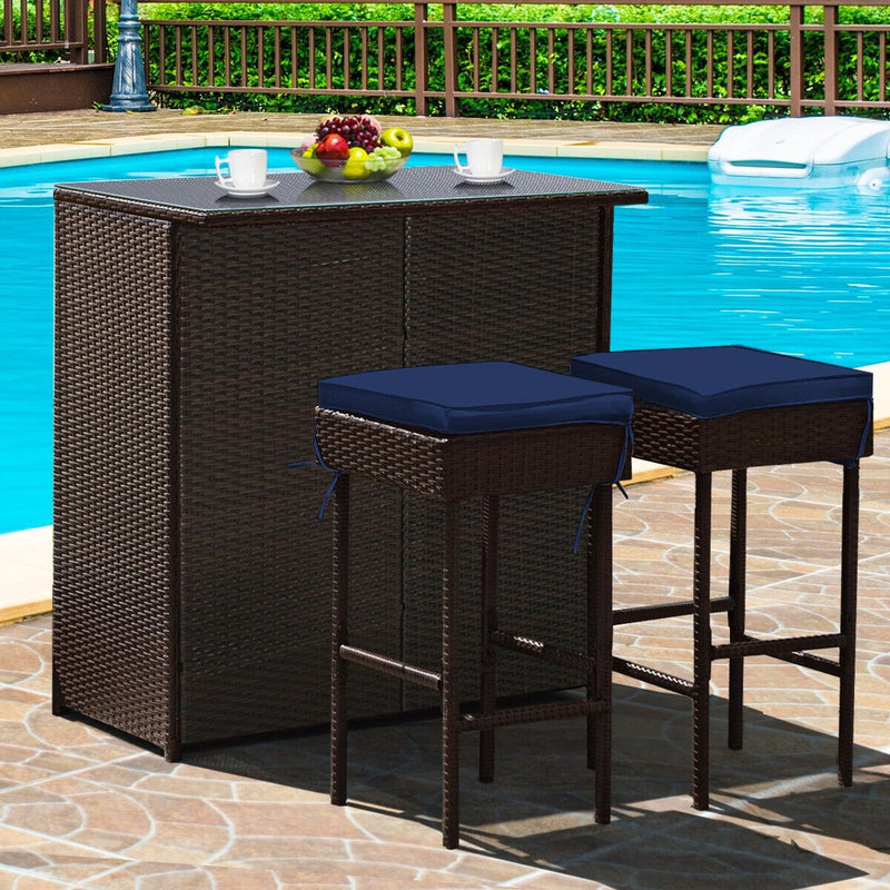 3 Pieces Patio Rattan Wicker Bar Table Stools Dining Set-Navy & Off White