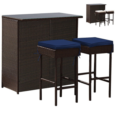 3 Pieces Patio Rattan Wicker Bar Table Stools Dining Set-Navy & Off White