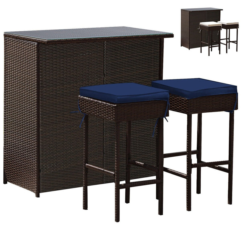 3 Pieces Patio Rattan Wicker Bar Table Stools Dining Set-Navy & Off White