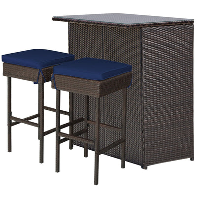 3 Pieces Patio Rattan Wicker Bar Table Stools Dining Set-Navy & Off White