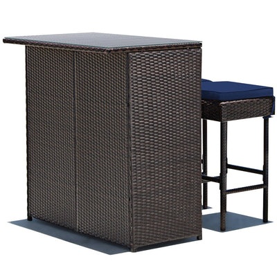 3 Pieces Patio Rattan Wicker Bar Table Stools Dining Set-Navy & Off White