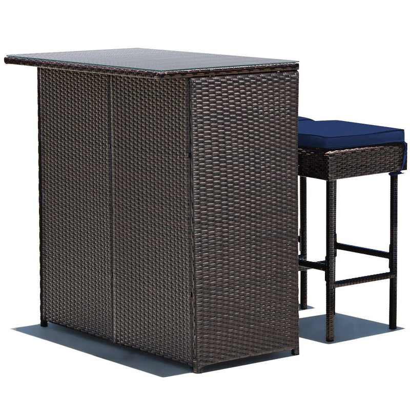 3 Pieces Patio Rattan Wicker Bar Table Stools Dining Set-Navy & Off White