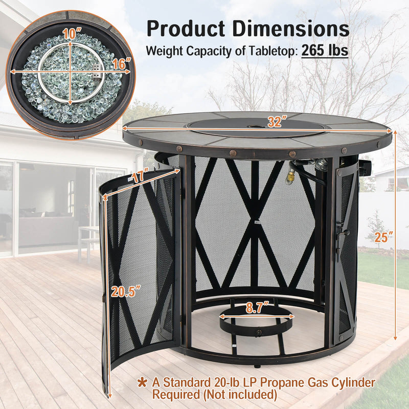 *32 Inch 30000BTU Fire Pit Table with Fire Glasses and PVC Cover