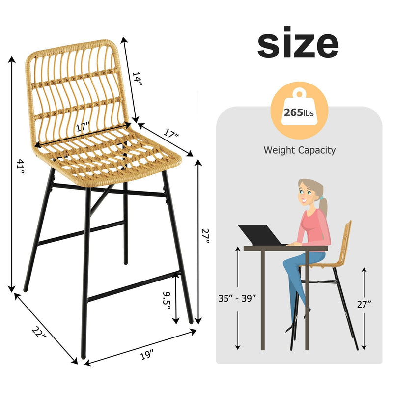 Set of 2 Rattan Bar Stools with Sturdy Metal Frame-Yellow