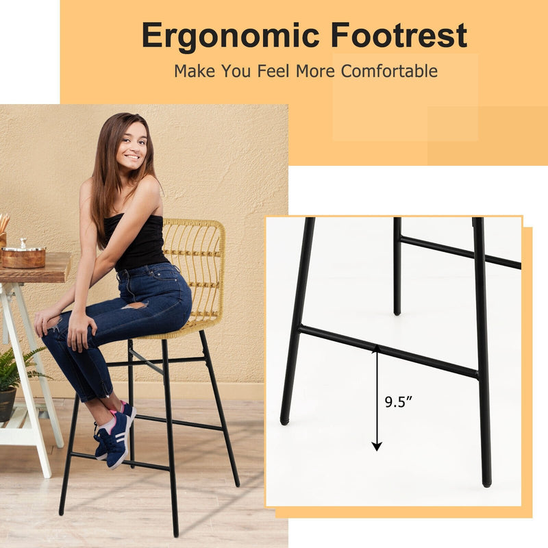 Set of 2 Rattan Bar Stools with Sturdy Metal Frame-Yellow