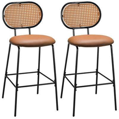 29.5 Inch Modern Faux Leather Bar Stools with Imitation Rattan Woven Backrest-Brown