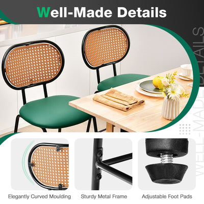 29.5 Inch Modern Faux Leather Bar Stools with Imitation Rattan Woven Backrest-Green