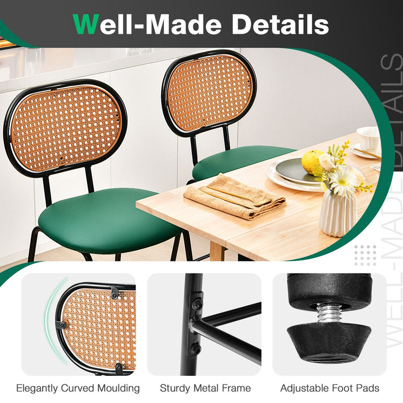 29.5 Inch Modern Faux Leather Bar Stools with Imitation Rattan Woven Backrest-Green