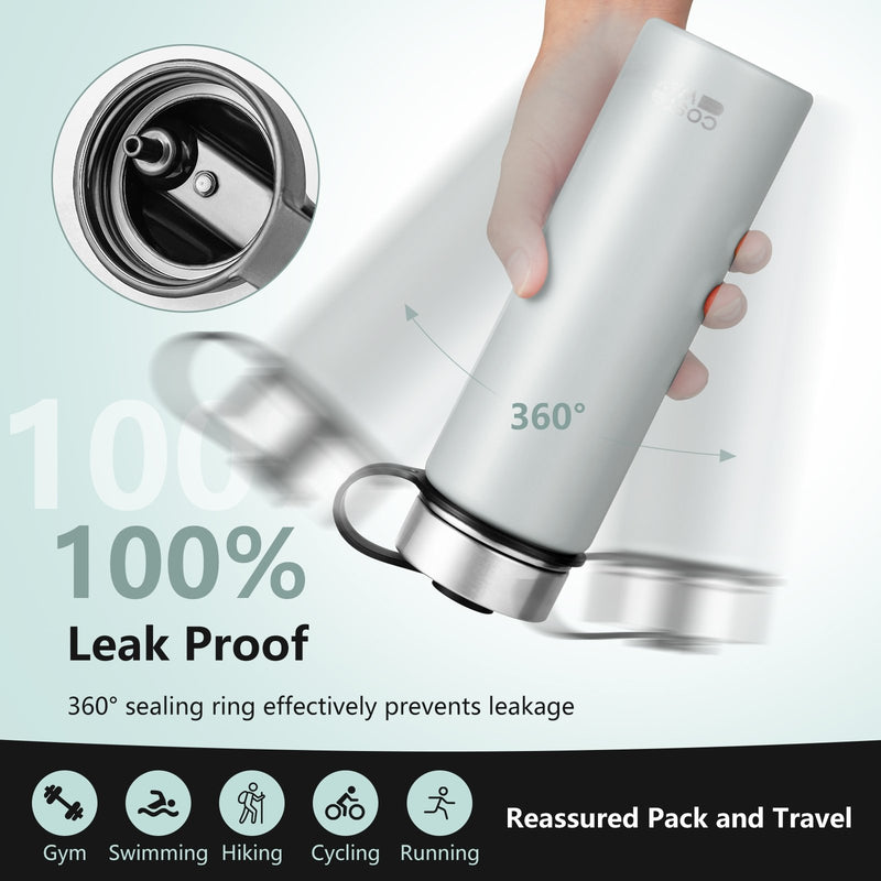 *22 Oz Double-walled Insulated Stainless Steel Water Bottle with 2 Lids and Straw - Gray