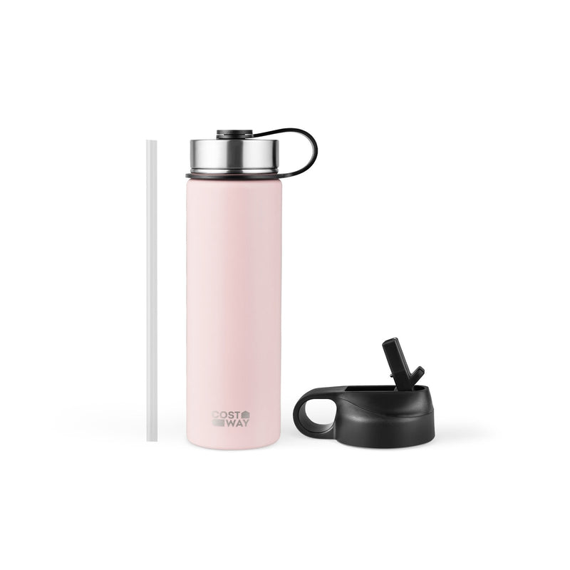 *22 Oz Double-walled Insulated Stainless Steel Water Bottle with 2 Lids and Straw - Pink