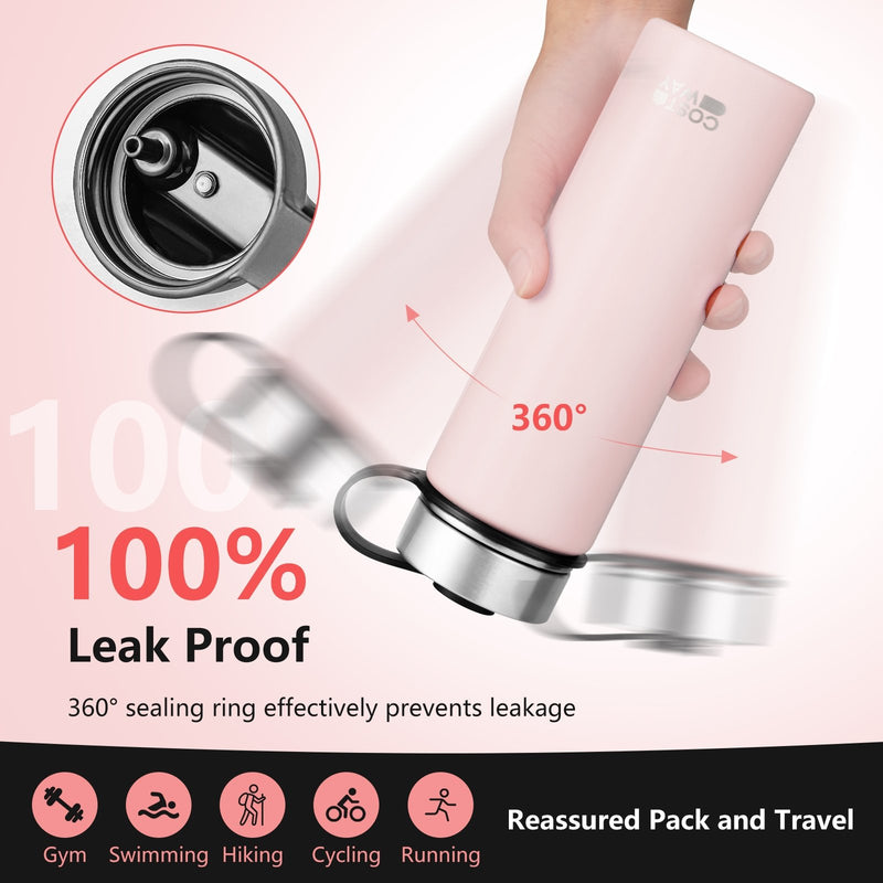 *22 Oz Double-walled Insulated Stainless Steel Water Bottle with 2 Lids and Straw - Pink