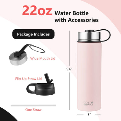 *22 Oz Double-walled Insulated Stainless Steel Water Bottle with 2 Lids and Straw - Pink
