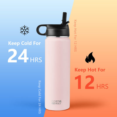 *22 Oz Double-walled Insulated Stainless Steel Water Bottle with 2 Lids and Straw - Pink