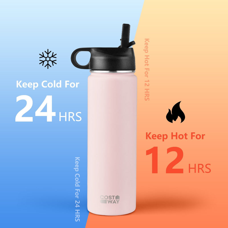 *22 Oz Double-walled Insulated Stainless Steel Water Bottle with 2 Lids and Straw - Pink
