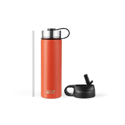*22 Oz Double-walled Insulated Stainless Steel Water Bottle with 2 Lids and Straw - Orange