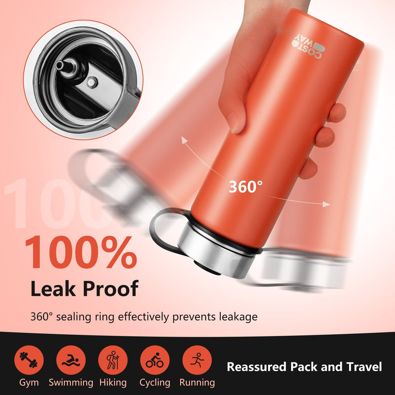 *22 Oz Double-walled Insulated Stainless Steel Water Bottle with 2 Lids and Straw - Orange