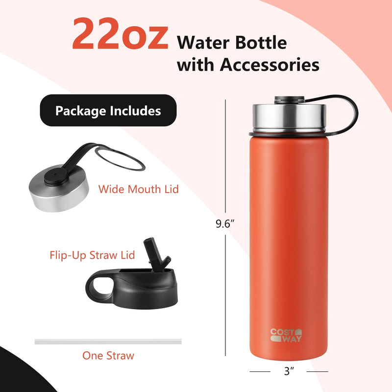 *22 Oz Double-walled Insulated Stainless Steel Water Bottle with 2 Lids and Straw - Orange