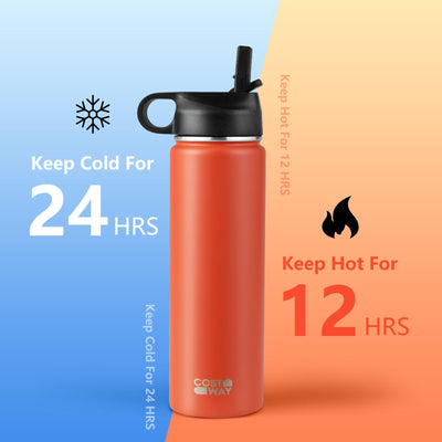*22 Oz Double-walled Insulated Stainless Steel Water Bottle with 2 Lids and Straw - Orange