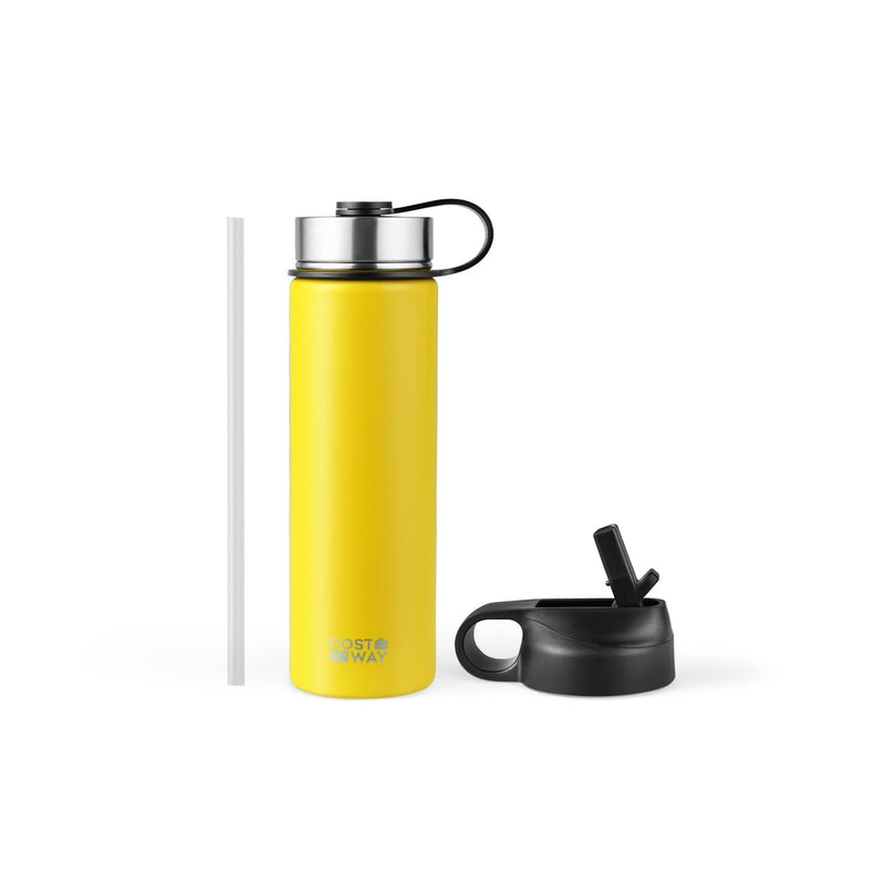 *22 Oz Double-walled Insulated Stainless Steel Water Bottle with 2 Lids and Straw - Yellow