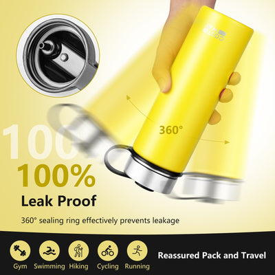 *22 Oz Double-walled Insulated Stainless Steel Water Bottle with 2 Lids and Straw - Yellow