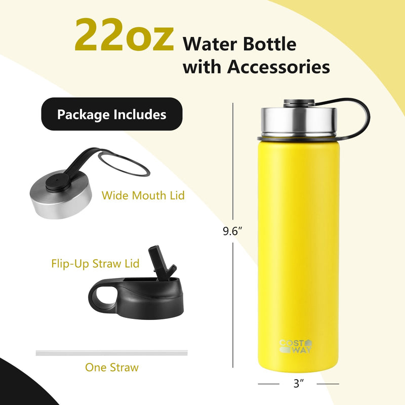 *22 Oz Double-walled Insulated Stainless Steel Water Bottle with 2 Lids and Straw - Yellow