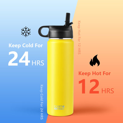 *22 Oz Double-walled Insulated Stainless Steel Water Bottle with 2 Lids and Straw - Yellow