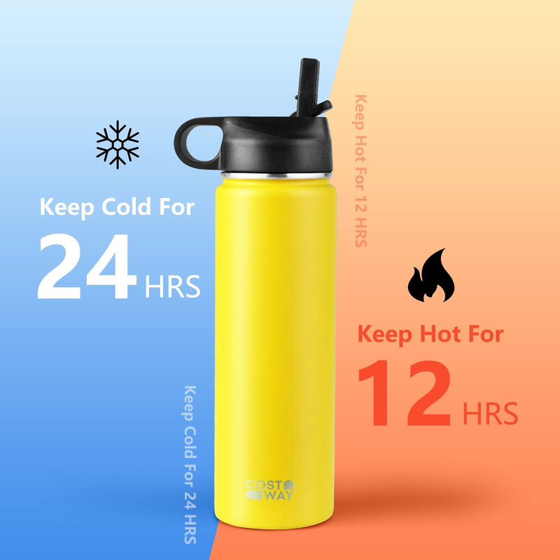 *22 Oz Double-walled Insulated Stainless Steel Water Bottle with 2 Lids and Straw - Yellow
