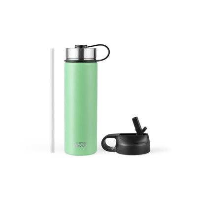 *22 Oz Double-walled Insulated Stainless Steel Water Bottle with 2 Lids and Straw - Green