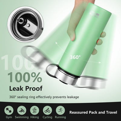 *22 Oz Double-walled Insulated Stainless Steel Water Bottle with 2 Lids and Straw - Green