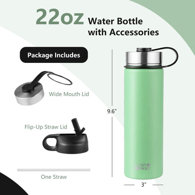 *22 Oz Double-walled Insulated Stainless Steel Water Bottle with 2 Lids and Straw - Green
