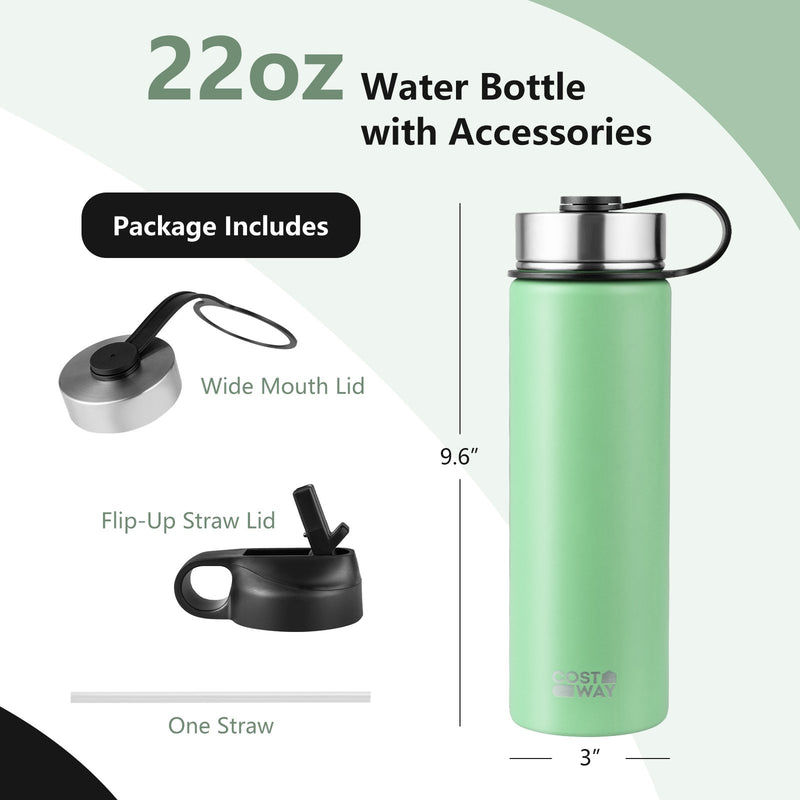 *22 Oz Double-walled Insulated Stainless Steel Water Bottle with 2 Lids and Straw - Green