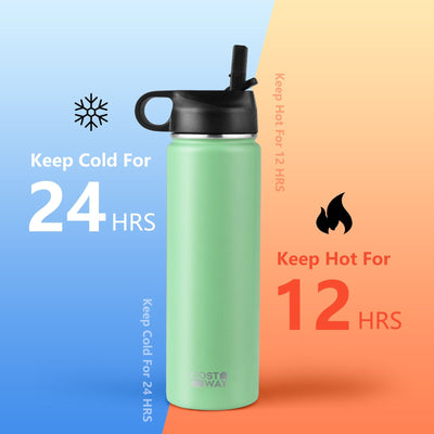*22 Oz Double-walled Insulated Stainless Steel Water Bottle with 2 Lids and Straw - Green
