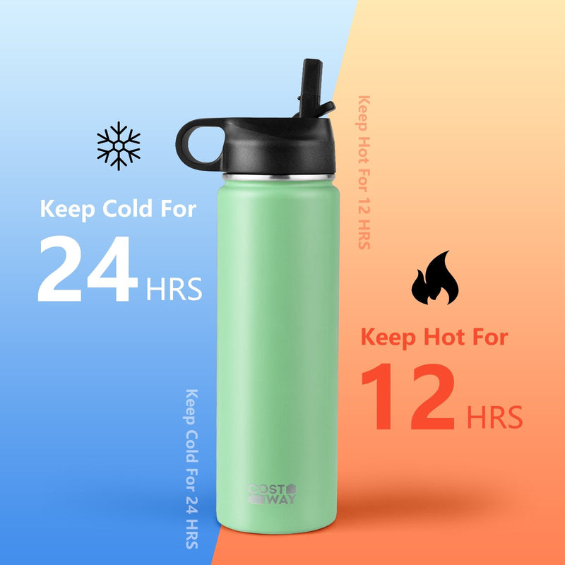 *22 Oz Double-walled Insulated Stainless Steel Water Bottle with 2 Lids and Straw - Green