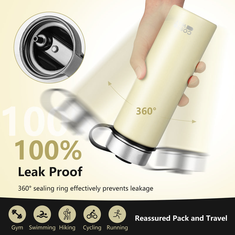 *22 Oz Double-walled Insulated Stainless Steel Water Bottle with 2 Lids and Straw - Beige