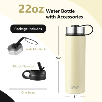 *22 Oz Double-walled Insulated Stainless Steel Water Bottle with 2 Lids and Straw - Beige