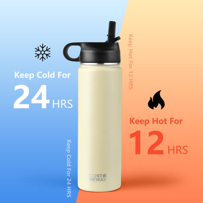 *22 Oz Double-walled Insulated Stainless Steel Water Bottle with 2 Lids and Straw - Beige
