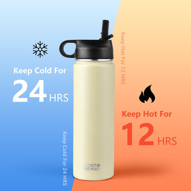 *22 Oz Double-walled Insulated Stainless Steel Water Bottle with 2 Lids and Straw - Beige