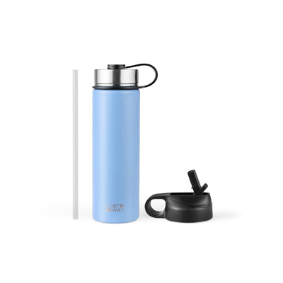 *22 Oz Double-walled Insulated Stainless Steel Water Bottle with 2 Lids and Straw - Blue