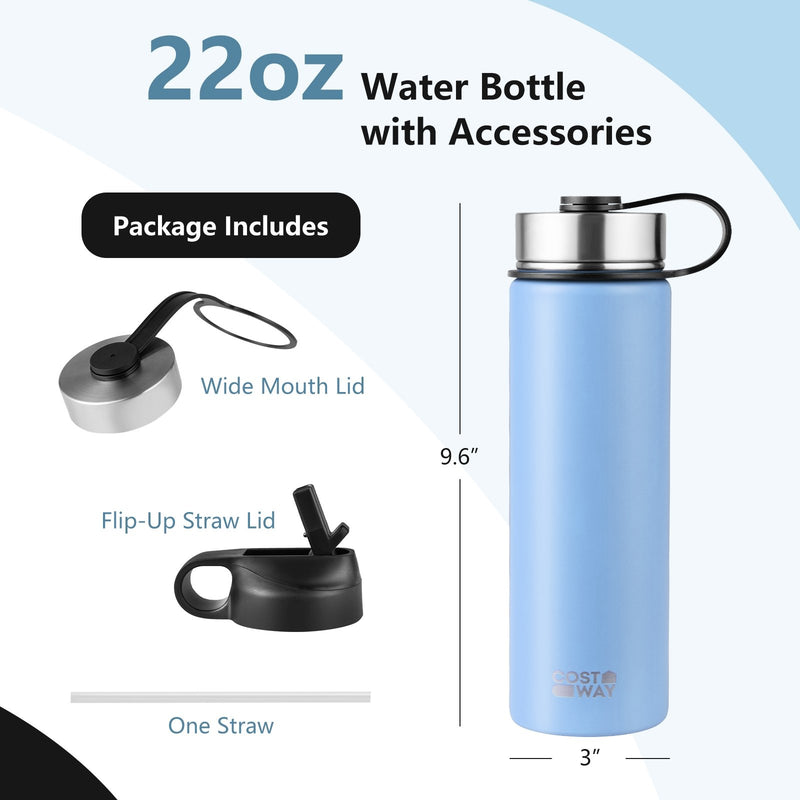 *22 Oz Double-walled Insulated Stainless Steel Water Bottle with 2 Lids and Straw - Blue