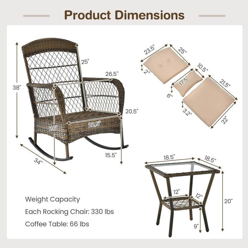 3 Pieces Outdoor Hand-Woven PE Rattan Conversation Set with Tempered Glass Side Table-Beige