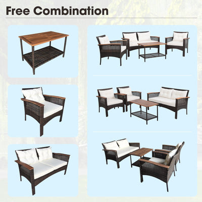 4 Pieces Patio Rattan Acacia Wood Furniture Set with Cushions and Armrest